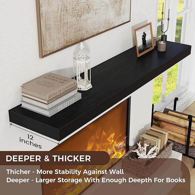 Floating Shelves for Wall, 55 Inch Wide x 12 Inch Deep Floating Shelves, Long Wood Floating Wall Shelf Shelves for Living Room Bathroom Bedroom Kitchen Home - (Black, 55" W x 12" D x 2" H)