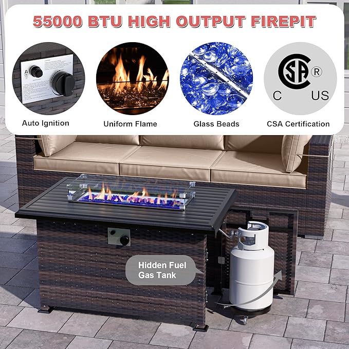 Kurapika 13 Pieces Patio Furniture Set, Rattan Wicker Outdoor Conversation Sets w/43in Propane Fire Pit Table, Swivel Rocking Chairs Patio Sectional Sofa w/4 Inch Cushion, Sand