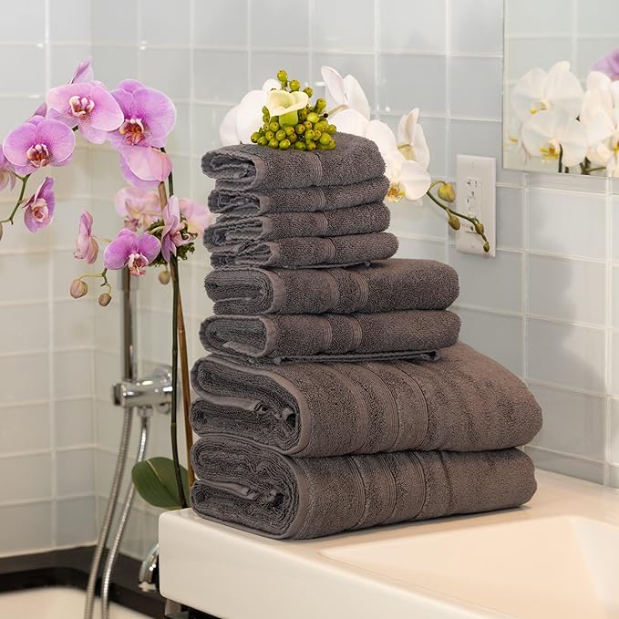 Mosobam Luxury Turkish 8pc Towel Set 30X58 16X30 13X13 Charcoal Gray (Dark Grey) 700 GSM Bamboo Viscose & Aegean Turkish Combed Cotton