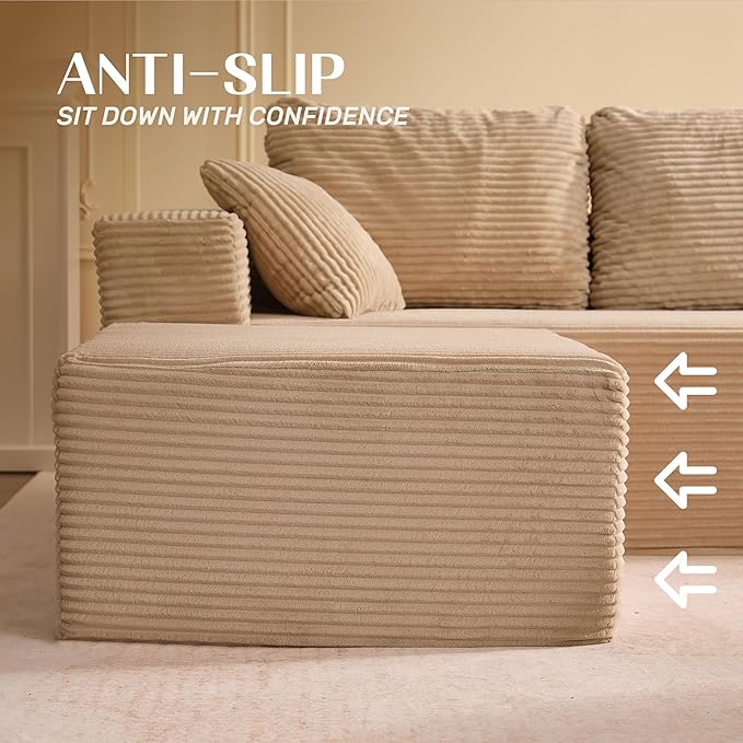 138" Boneless Couch with Deep Seat, Modular Sectional Sofa, Cloud Sectional Couch for Living Room, No Assembly Required, Corduroy, 4 Seater L-Shape Right, Camel