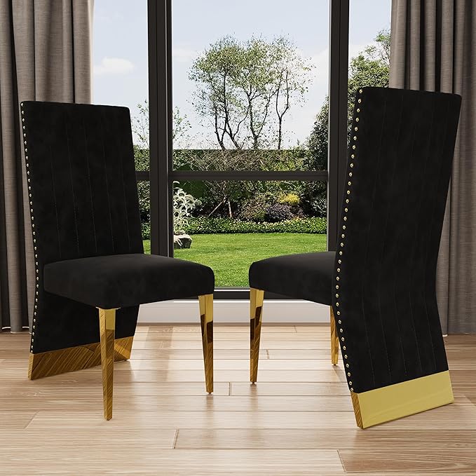 AUZ Black Velvet Dining Chairs Set of 2, Black and Gold Dining Chairs with Nailhead Trim and Polished Gold Legs, Gorgeous Upholstered Kitchen and Dining Room Chairs