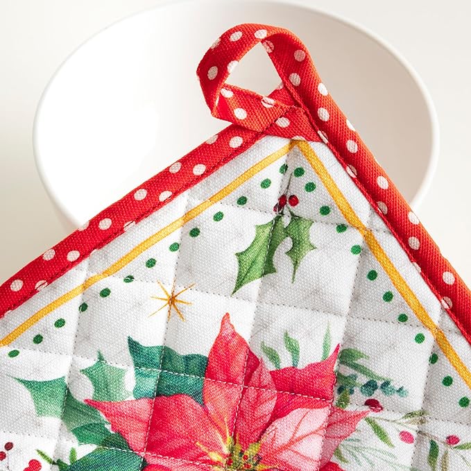 Maison d' Hermine Pot Holders 100% Cotton Heat Resistant Potholders 8" x 8" Hot Pads with Loop for Thanksgiving Christmas Decorations BBQ Cooking Handling Hot Pans (Pack of 1, Poinsettia Christmas)