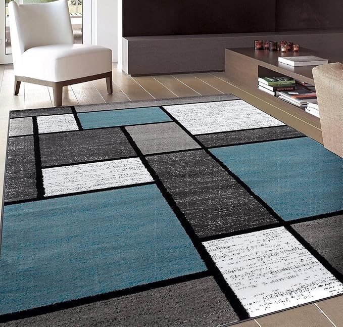 Rugshop Modern Geometric Boxes Blue Area Rug, Non-Shedding Carpet for Living Room,Kitchen, Bedroom, or Home Office, 5'3" x 7'3"