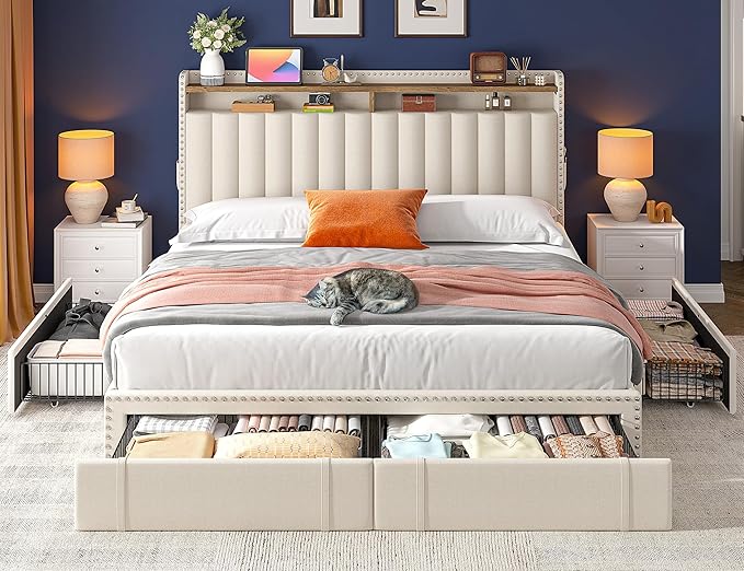 EnHomee King Size Bed Frame, Upholstered King Bed Frame with 4 Storage Drawers & 2-Tier Headboard Shelves, 1200LBS Heavy Duty, No Box Spring Needed, Easy Assembly, Beige