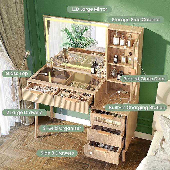 Fluted Makeup Vanity Desk with Mirror and Lights, 5 Drawers Glass Top Makeup Vanity with 4 Storage and 9-Grid Organizer, 3 Color Ribbed Glass Dressing Table with Charging Station, Natural Oak