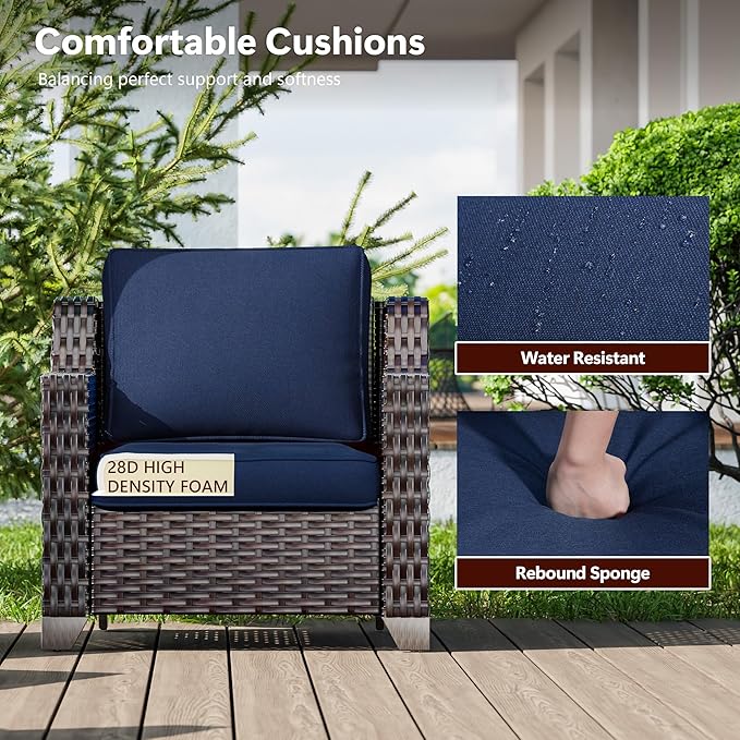 5 Pieces Wicker Patio Furniture, Luxury Outdoor Conversation Sets with 2 Patio Rattan Chair, 3-Seater Sofa, 2 Patio Ottoman, Wide Armrest, Thickened Cushions, Ideal for Deck, Porch Use
