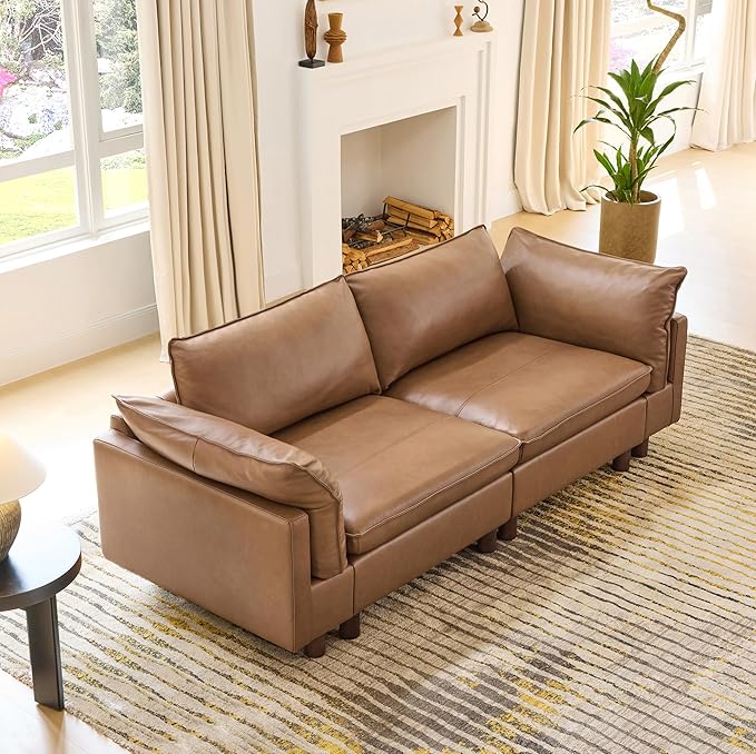 CHITA 92" Super Large Sectional Couches for Living Room, Modular Cloud Couch Sectional Sofa, Premium Genuine Leather Sofa, Down Filled, High Density Foam, Real Leather in Saddle, 2 Seater Loveseat