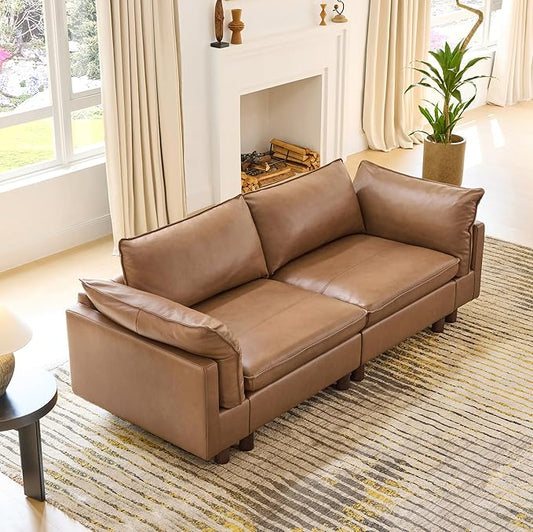 CHITA 92" Super Large Sectional Couches for Living Room, Modular Cloud Couch Sectional Sofa, Premium Genuine Leather Sofa, Down Filled, High Density Foam, Real Leather in Saddle, 2 Seater Loveseat