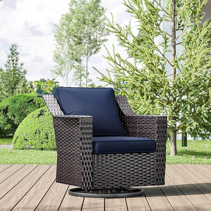Wicker Patio Swivel Chairs, Outdoor Rocking Chair with Wide Armrest, Thickened Cushions, Patio Rattan Furniture for Deck, Porch Use