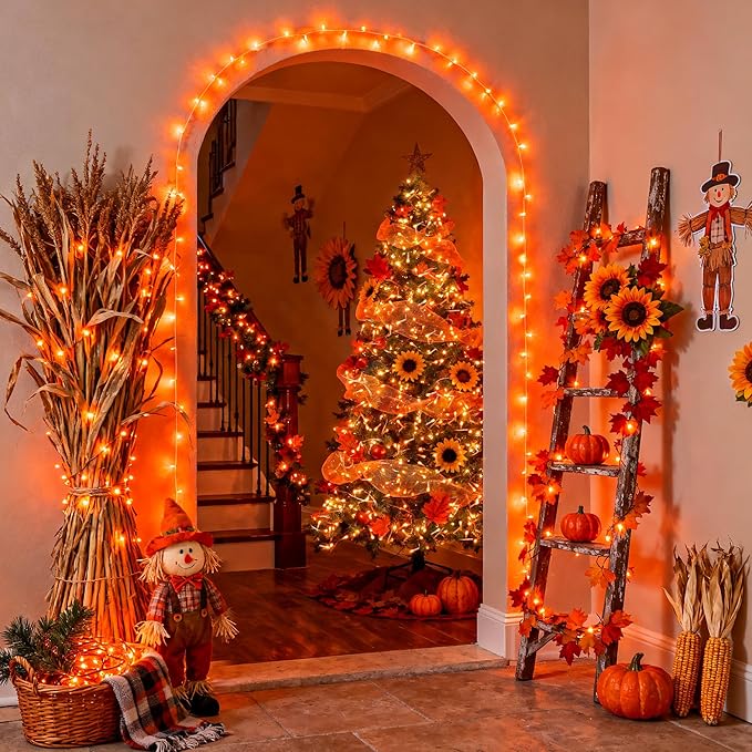 JMEXSUSS 66ft 200 LED Christmas String Lights Outdoor Indoor, Connectable Orange String Lights Clear Wire, Fall Light Plug in for Fireplace Tree Garden Patio Thanksgiving Fall Halloween Decor