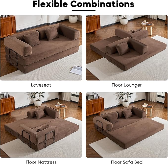 Convertible Folding Couch Bed, Comfy Corduroy Sleeper Floor Sofa Bed with Fixed-Shape Frame, Floor Sofa with Armrest, Lounge Couch for Living Room Bedroom Lounge Studio, Dark Brown