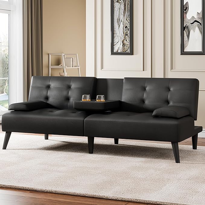 Meilocar Futon Sofa Bed Couch, Small Futon Set, Convertible Sofa Bed for Living Room Office, 2 Cup Holders, Removable Armrest, 3 Angles Backrest (PU Leather, Black)