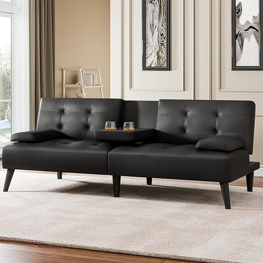 Meilocar Futon Sofa Bed Couch, Small Futon Set, Convertible Sofa Bed for Living Room Office, 2 Cup Holders, Removable Armrest, 3 Angles Backrest (PU Leather, Black)