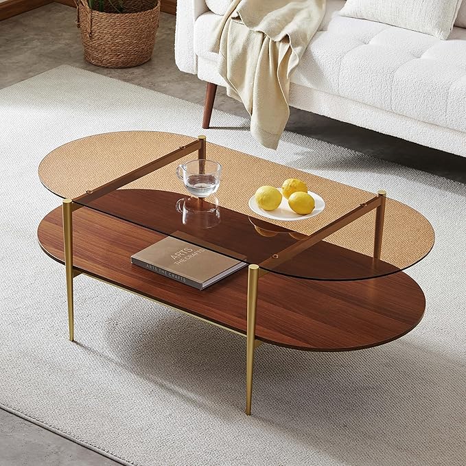 X-Large Oval Glass Coffee Table, Mid-Century Modern Design, L47 x W24 x H17 inch, for Living Room, Amber Glass Top and Walnut Finish Wood Shelf, Conical Legs with Gold Finish Frame