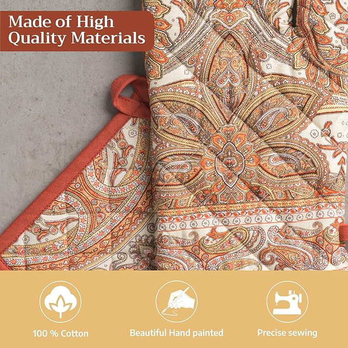 Maison d' Hermine 100% Cotton Oven Mitt & Pot Holder Set (7.5"x13" & 8"x8") Heat Resistant BBQ Cooking Gloves with Loop for Thanksgiving Christmas Decorations Handling Hot Pans (Kashmir Paisley)