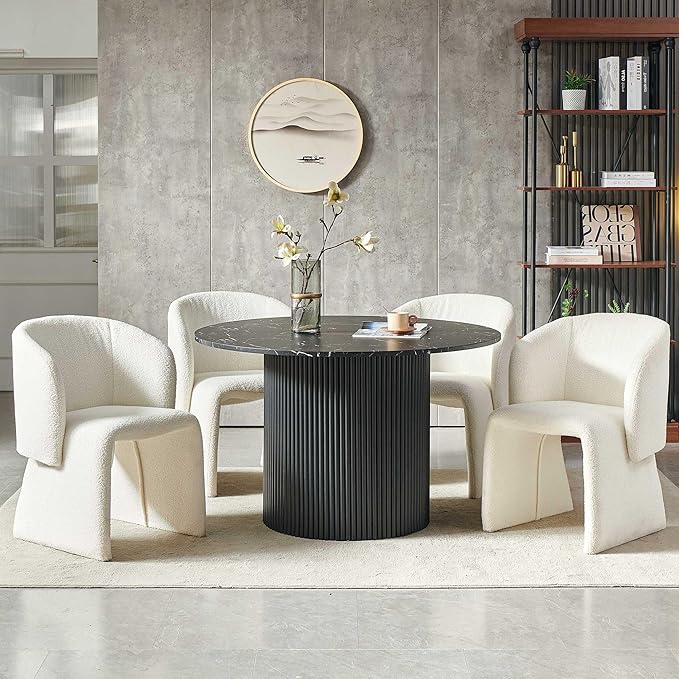 47" Round Dining Table for 4, Modern Farmhouse Marble-Look Foiled Top with MDF Striped Base, Kitchen & Dining Room Tables - Black