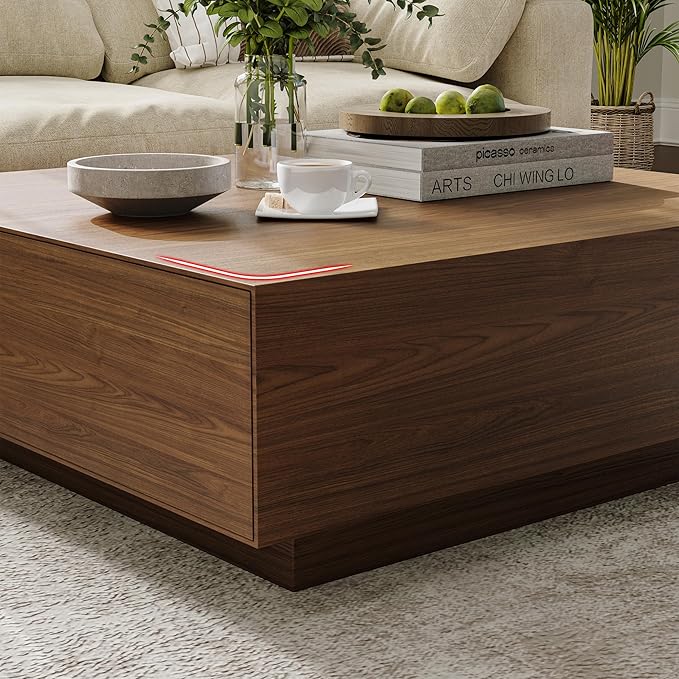POVISON Modern Square Coffee Table with Storage, 35.43" Wood Coffee Table for Living Room Table Walnut, Fully Assembled