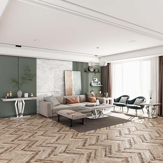 4-Piece Coffee Table Set, Gray and Silver Living Room Tables with 4 Geometric Bases, 1 Coffee Table + 2 End Table + 1 Console Table for Home Office