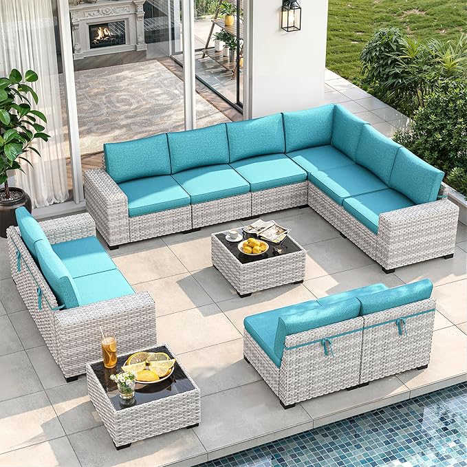 12 Piece Outdoor Wicker Rattan Sectional Sofa Set, 10-Seats Patio Furniture Conversation Set with 4" Thickened Cushions & Coffee Table, All-Weather PE Rattan for Garden, Backyard, Porch, Navy