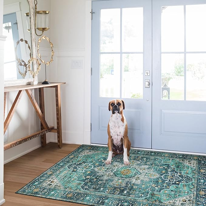 Moynesa Ultra-Thin Washable Vintage Area Rug - 3x5 Boho Entry Throw Rug Non-Slip Oriental Medallion Bedroom Mat Non-Shedding Indoor Floor Carpet for Living Laundry Room, Teal/Mutil