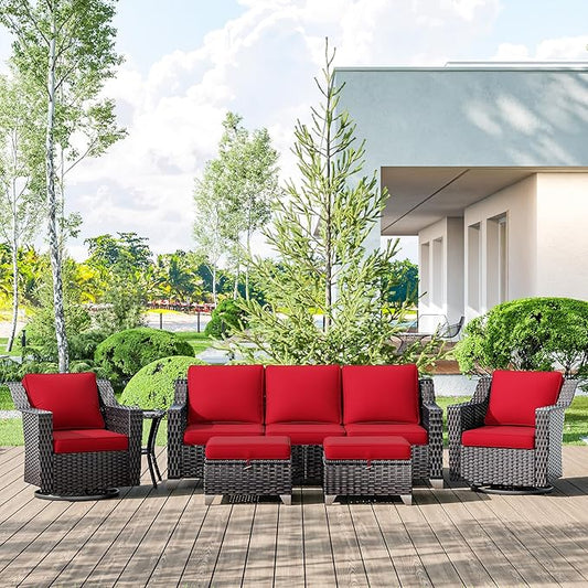 6 Pieces Wicker Patio Furniture, Luxury Outdoor Furniture with 2 Patio Swivel Chair, 3-Seater Sofa, 2 Patio Ottoman and 1 Side Table, Wide Armrest, Thickened Cushions