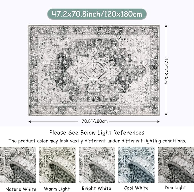 Moynesa Ultra-Thin Washable Area Rug - 4x6 Grey Living Room Rug Oriental Entryway Mat, Non Slip Non Shedding Pet Friendly Bedroom Carpet for Apartment Office Entrance Kitchen