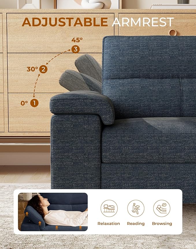 71.25" L Shaped Sectional Couches for Living Room, Deep Seat Sofa with Big Storage Ottoman & 8”Cushion, Comfy 2-Seater Chenille Loveseat, Convertible Armrest, Removable Cover for Small Space(Blue)