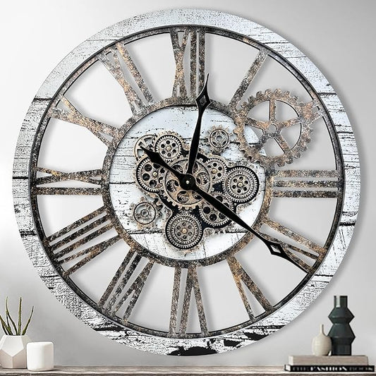 The B-Style Large Wall Clock 24 inch Moving Gear Wall Clock Oversized Vintage Farmhouse Wall Clocks for Living Room Decor Rustic Industrial Wood Clock (Gray White and Bronze Gears, 30 inch/76cm)