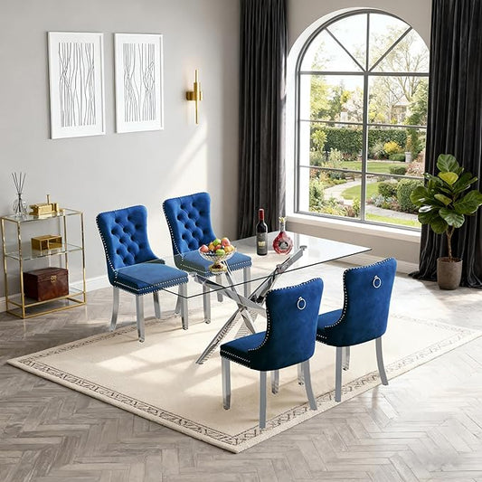 Goujxcy 51" Glass Dining Table Set for 4, Modern Kitchen Table and Chairs Set w/Steel Legs, 5-Piece Dining Table Set w/Glass Silver Dining Table and 4 Blue Velvet Chairs for Kitchen Dining Room