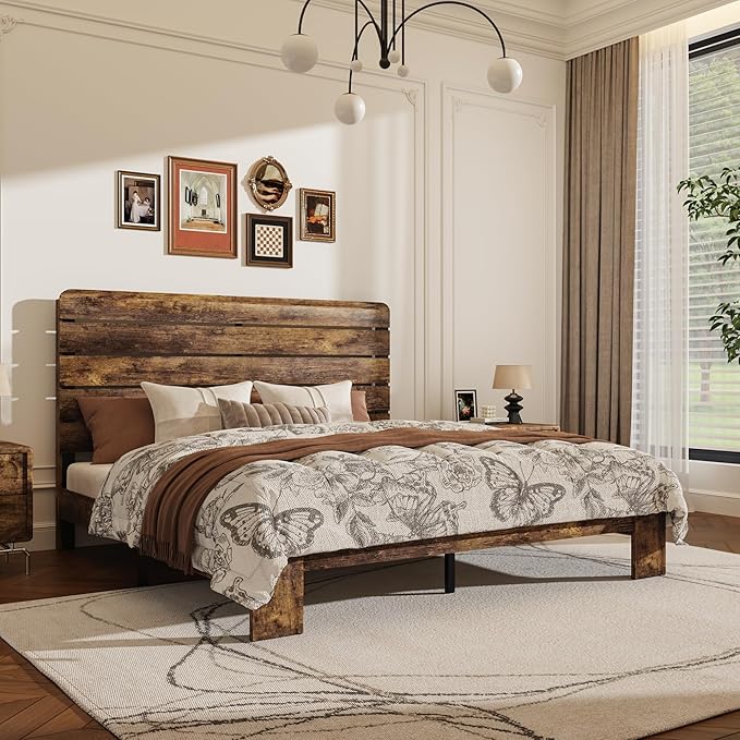King Size Wooden Bed Frame with Headboard, Rustic Farmhouse Platform Bedframe with Wood Slat Support, Sturdy and No Noise, Easy Assembly (Brown, King)