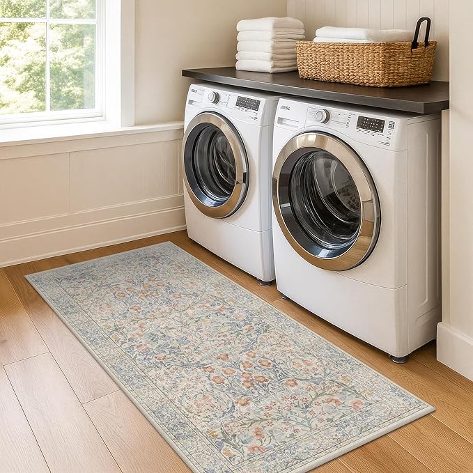 Washable Bathroom Runner Rug 2x5, Non Slip Runner for Laundry Room, Bathroom Sink Mat - Vintage Pastel Beige Blue Throw Rug, Ultra Soft Low Pile Stain Resistant