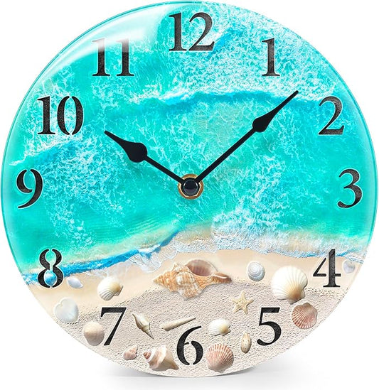 Coastal Nautical Glass Wall Clock with Seashell Design and Aesthetic Beach Theme - Battery Operated Silent Wall Decor for Home, Kitchen, Living Room, Office, Bedroom, or Bathroom (8 Inch,Teal)