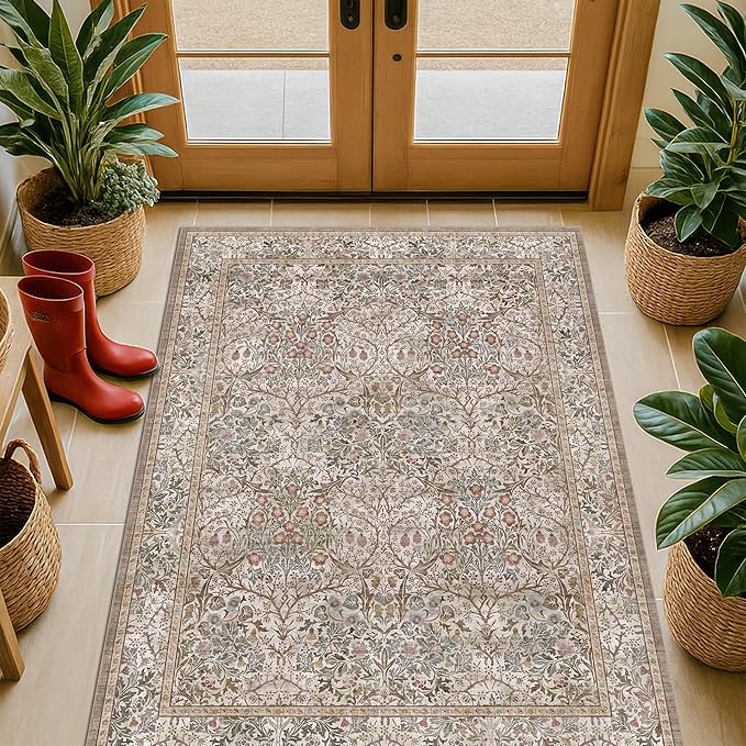Vintage Moss Green Entryway Rug, 3x4 Washable Area Rugs for Kitchen, Bathroom, Bedroom, Oriental Low Pile Stain Resistant Non-Slip Small Throw Rug