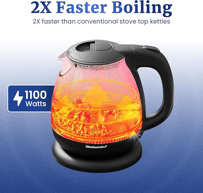 Elite Gourmet EKT1001 Electric 1.0L BPA-Free 1100W Glass Kettle Cordless 360° Base, Stylish Blue LED Interior, Handy Auto Shut-Off Function – Quickly Boil Water For Tea & More, Black