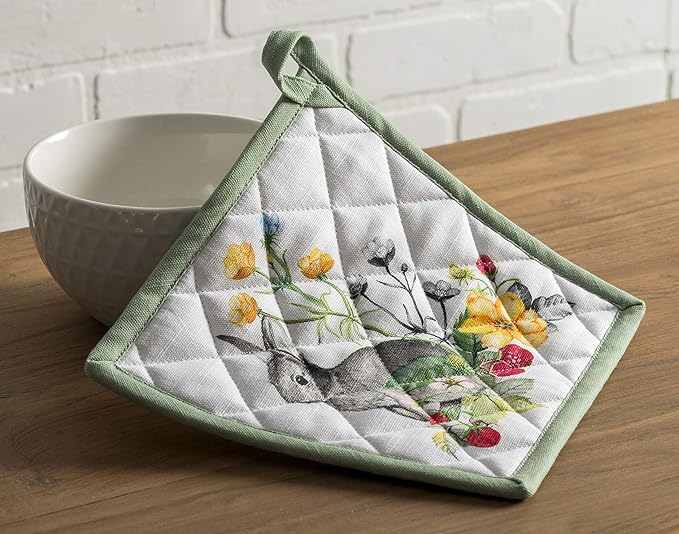 Maison d' Hermine 100% Cotton Oven Mitt & Pot Holder Set (7.5"x13" & 8"x8") Heat Resistant BBQ Cooking Gloves with Loop, Baking, Grilling, Kitchen, Handling Hot Pans Spring/Summer (Printemps)