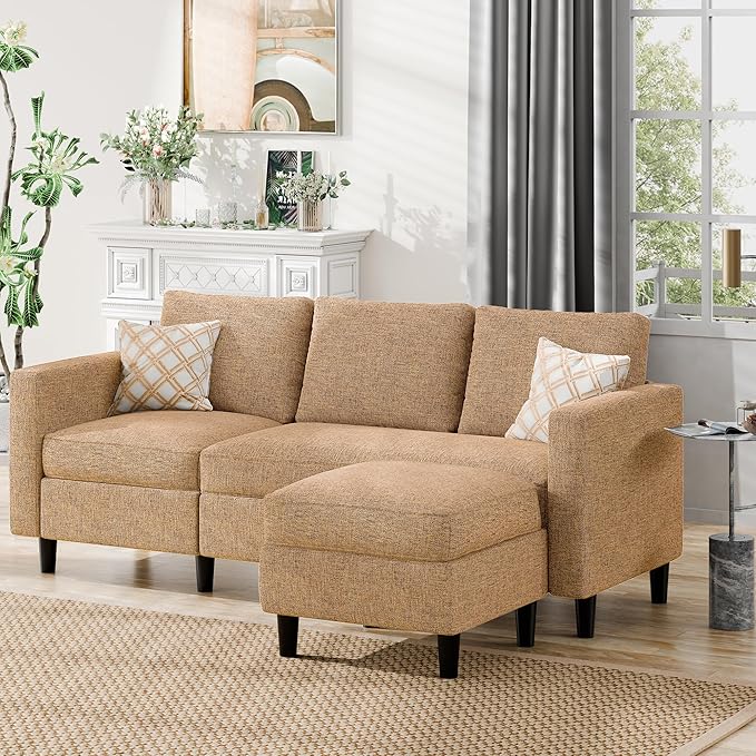 Nuturelly Convertible Sectional Sofa Couch with Movable Ottoman, 3-Seater Modern L-Shaped Sofa for Small Spaces, Soft Fabric Couch for Living Room, Small Apartment & Office(Brown)
