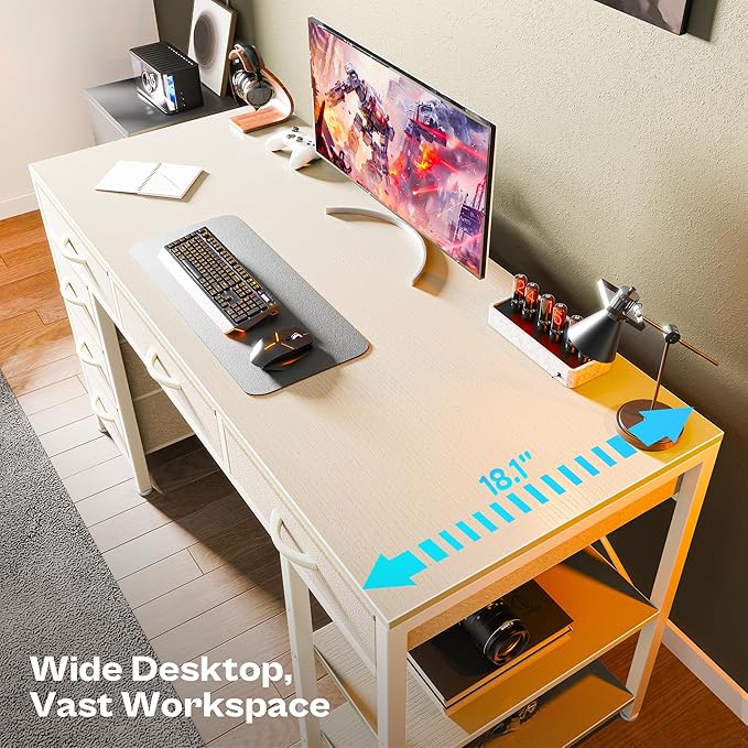 Huuger Computer Desk with 6 Drawers, Office Desk with Shelves, Reversible Gaming Desk, Corner Desk with Storage, Work for Home Office, Study, Living Room, 47inch, White