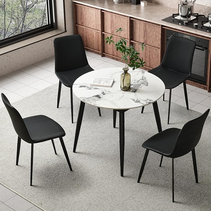 Black Dining Chairs Set of 4, Faux Leather Mid Century Modern Chairs with Metal Chair Legs, Kitchen Chairs for Dining Room, Restaurant, Living Room