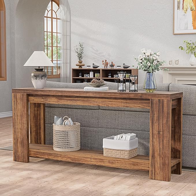 Farmhouse Console Table with Storage Shelf, 70.9” Extra Long Sofa Table Behind Couch, Rustic Entryway Accent Table for Hallway, Living Room, or Foyer, Entrance Rustic Brown