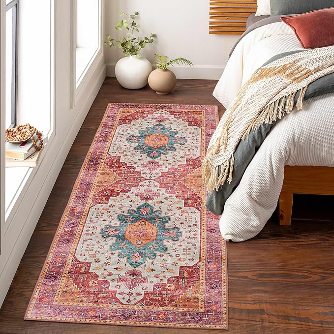 Moynesa Ultra-Thin Washable Runner Rug - Pink 2x5 Bathroom Rug Low Pile Hallway Rug Runner, Non Slip Pet Friendly Indoor Floor Carpet Runner for Kitchen Living Room Bedside Laundry Room