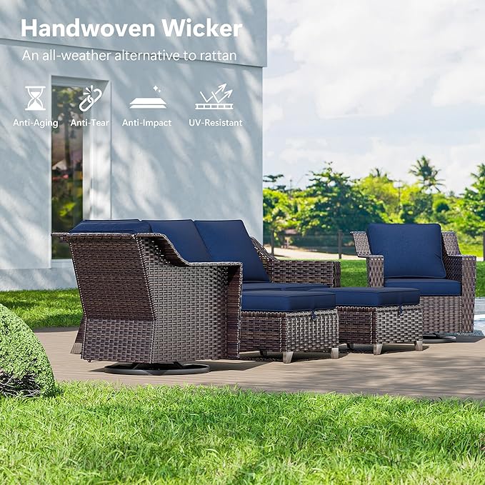 3 Pieces Wicker Patio Furniture, Luxury Outdoor Rattan Furniture with 2 Patio Swivel Chair,Side Table, Wide Armrest, Thickened Cushions, Ideal for Deck, Porch Use