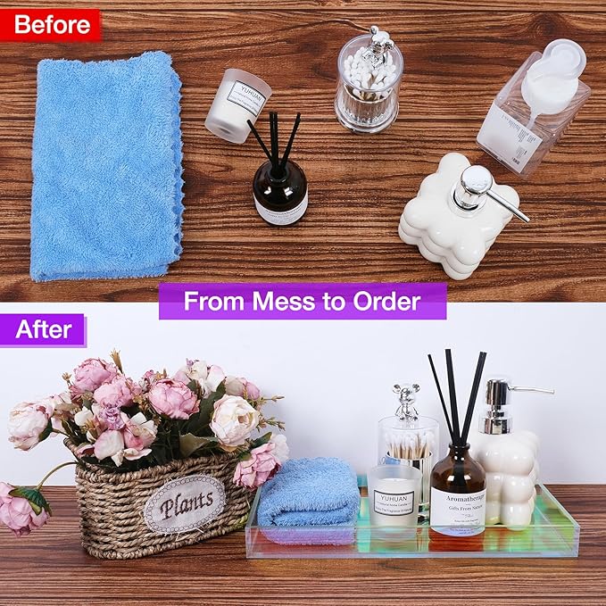 Acrylic Tray Iridescent 5mm Thicken 12x6'' - Vanity Makeup, Perfume, Jewelry Holder, Napkin, 12x6'' Decorative Serving Tray for Bathroom, Toilet Tank, Sink Countertop, Living Room,Dresser,Wedding