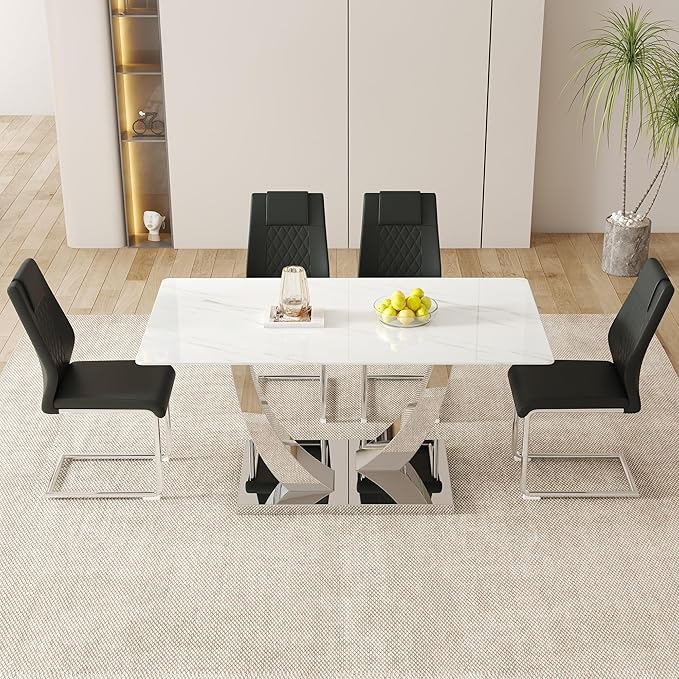 AZmac 63" Modern Dining Table Set for 4, White Dining Room Set for 4, Tempered Glass Kitchen Table and PU Leather Chairs, Marble Pattern Top with Sturdy Silver Chrome Base