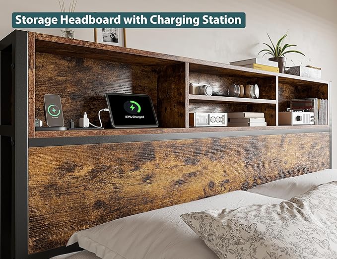 EnHomee King Size Bed Frame with 6 Storage Drawers King Bed Frame and Headboard, Storage Bed with Charging Station, No Noise,No Box Springs Needed,Vintage Brown