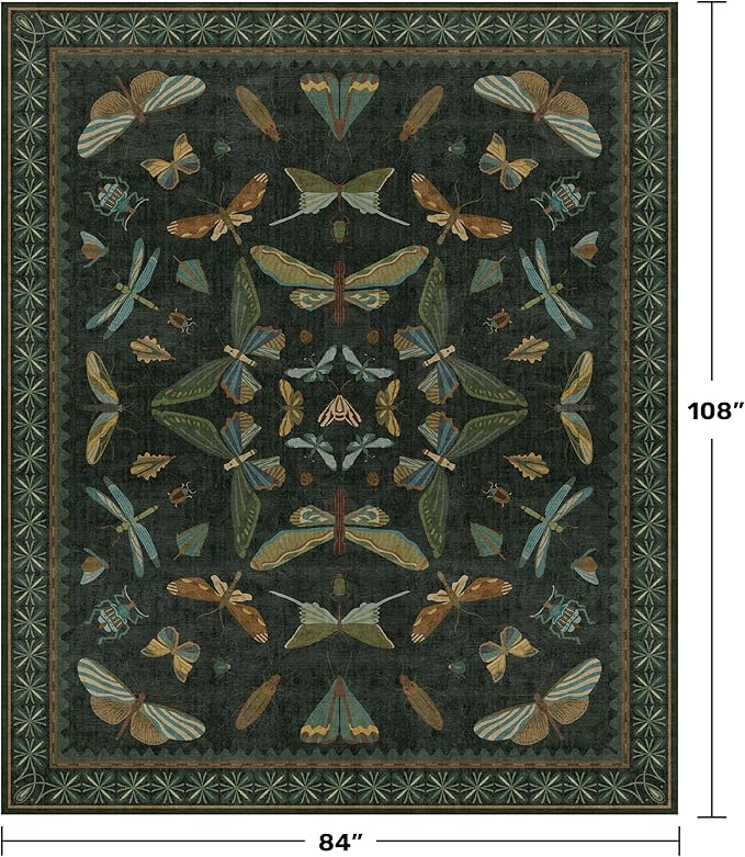 7x9 Insect Dark Green Rugs for Living Room, Boho & Forest Design Area Rug for Dining Room Under Table, Bedroom, Unique Washable Floral Non Slip Low Pile Soft Rug