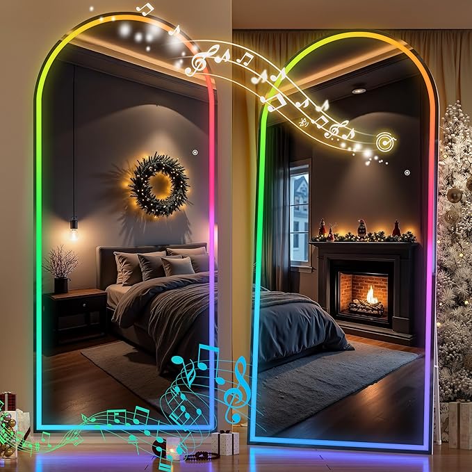 Hasipu 82.7" x 35.4" Arch LED RGB Bluetooth Full Length Mirror with Stand ＆ 7 Color Lighting Modes, Full Body Mirror with White Frame for Bedroom, Living Room, Dressing Room