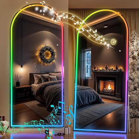Hasipu 82.7" x 35.4" Arch LED RGB Bluetooth Full Length Mirror with Stand ＆ 7 Color Lighting Modes, Full Body Mirror with White Frame for Bedroom, Living Room, Dressing Room