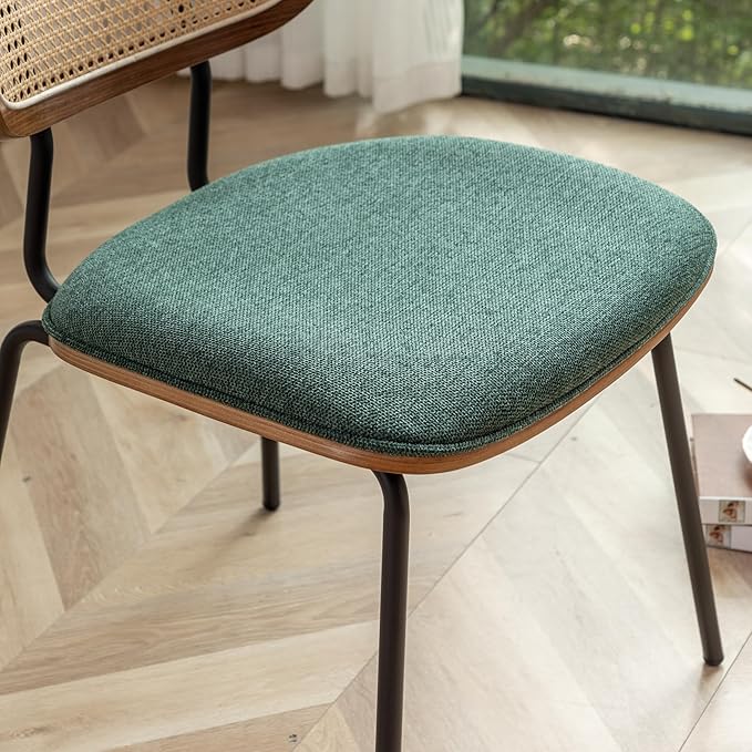 Rattan Dining Chairs Set of 4, Christmas Chair Mid Century Modern Dining Chairs with Cane Back for Kitchen Dining Room, 19 Inch Fabric Green