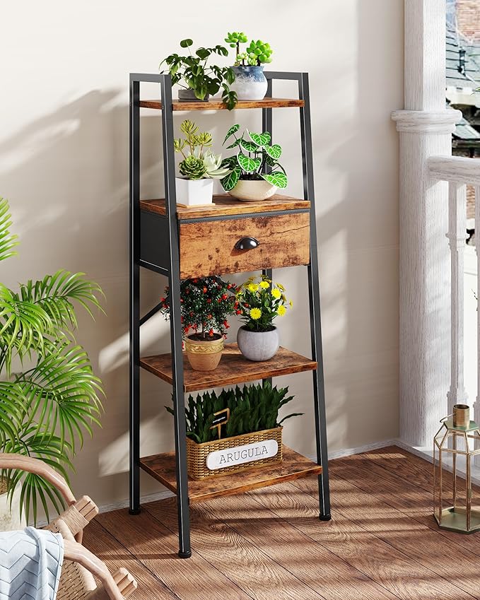 Furologee 4 Tier Ladder Shelf, Narrow Ladder Bookshelf with Drawer, Modern Freestanding Bookcase, Storage Shelves Organizer for Bathroom,Kitchen,Bedroom,Living Room,Rustic Brown