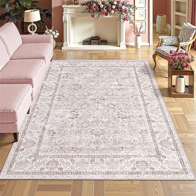 Pink Nursery Rug 5x8 Large Area Rugs for Living Room Vintage Rug Boho Floral Washable Area Rugs Indoor Carpet for Bedroom Dining Room Kids Room